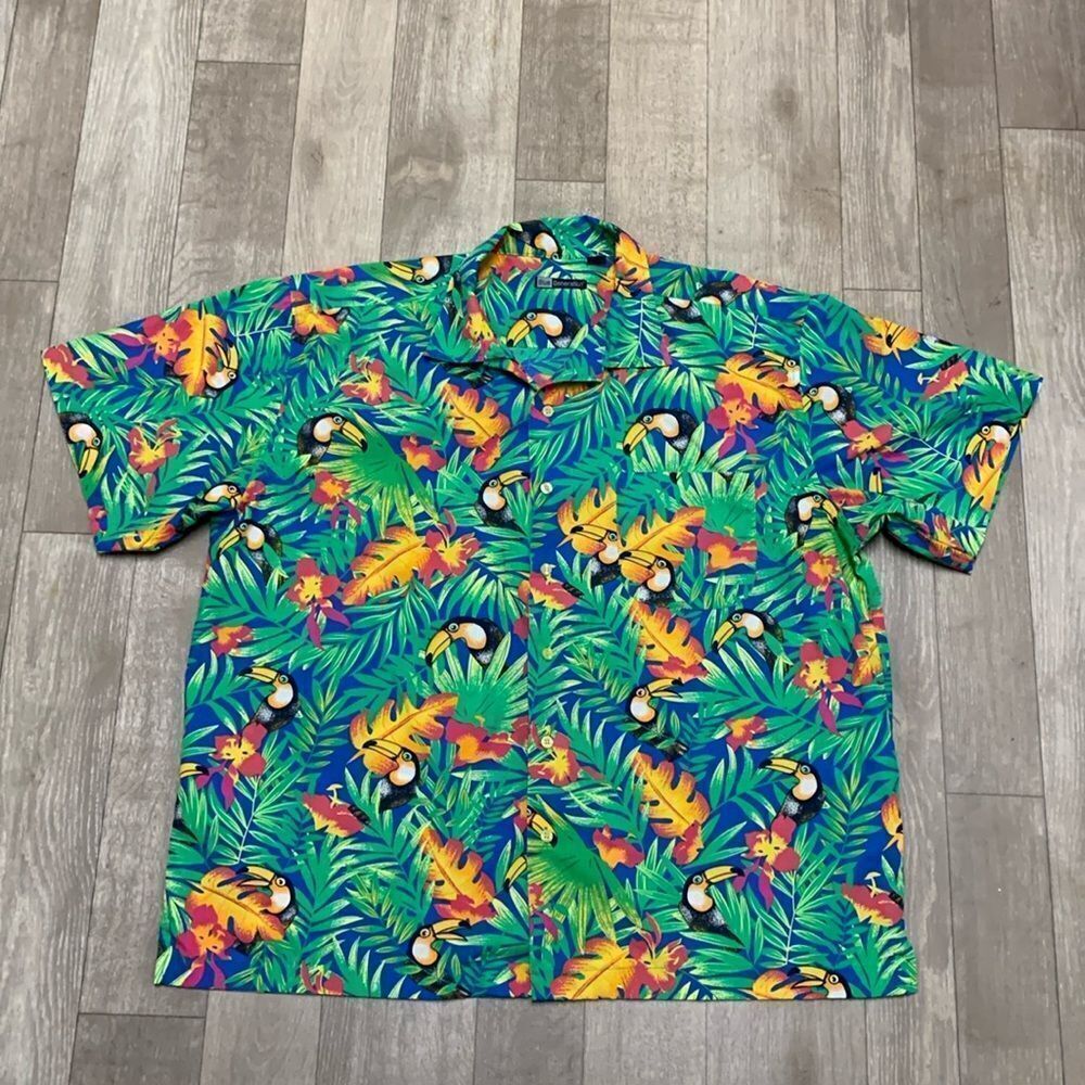 Mens Blue Generation Tucan Floral Tropical Print Hawaiian Shortsleeve‎ Shirt